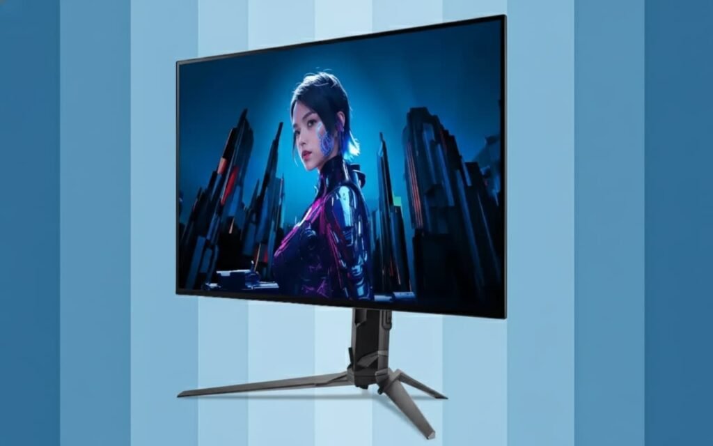 ASUS tandem OLED gaming monitor on a white desk setup with RGB accents, ultra-clear screen showing deep blacks under bright ambient lighting