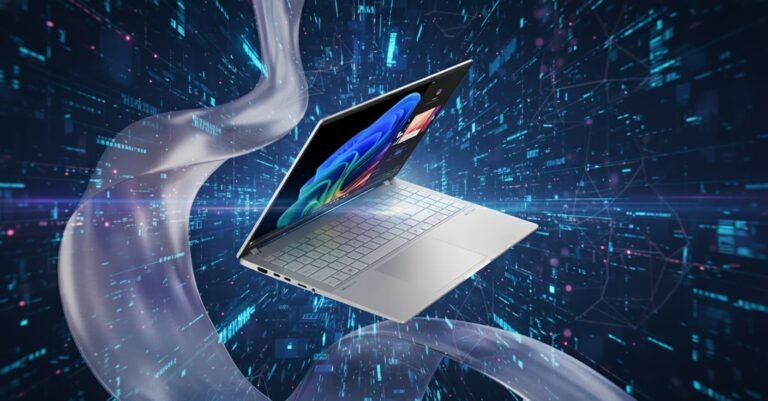 ASUS Vivobook S15 laptop open on a desk, OLED display glowing, showcasing Snapdragon X Elite branding