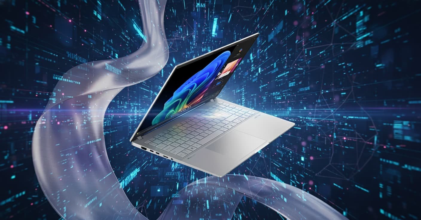 ASUS Vivobook S15 laptop open on a desk, OLED display glowing, showcasing Snapdragon X Elite branding