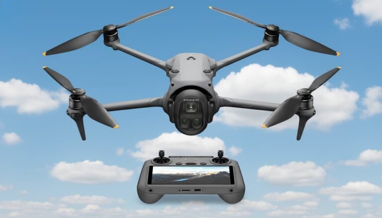 DJI Mavic 4 Pro unfolded on a table with triple-camera spherical gimbal and redesigned folding arms.