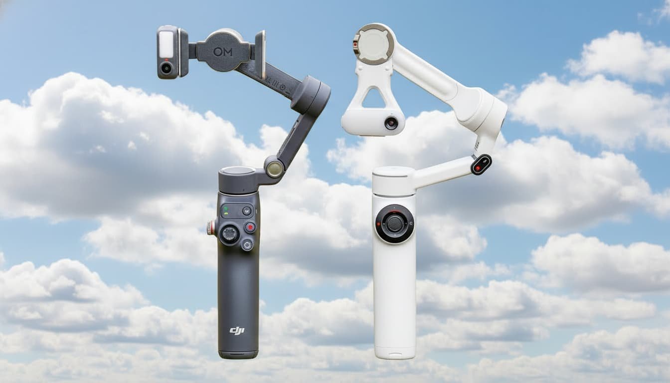 Two smartphone gimbals side-by-side: DJI Osmo Mobile 7P and Insta360 Flow 2 Pro, both unfolded with tracking modules attached.