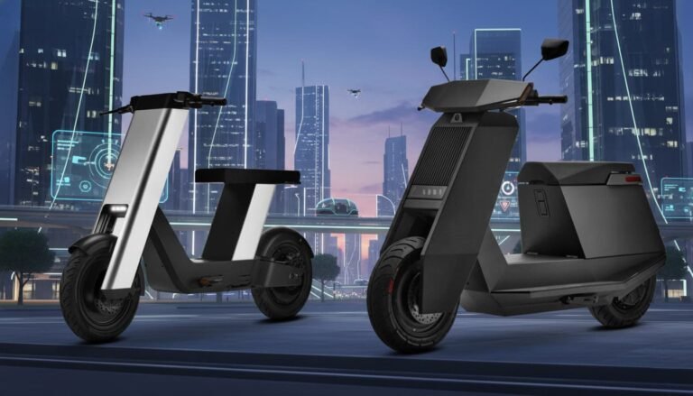 Infinite Machine Olto electric bike riding through New York City bike lanes, futuristic aluminum frame, two-seater design, LED display, turn signals, pedals, urban street background.