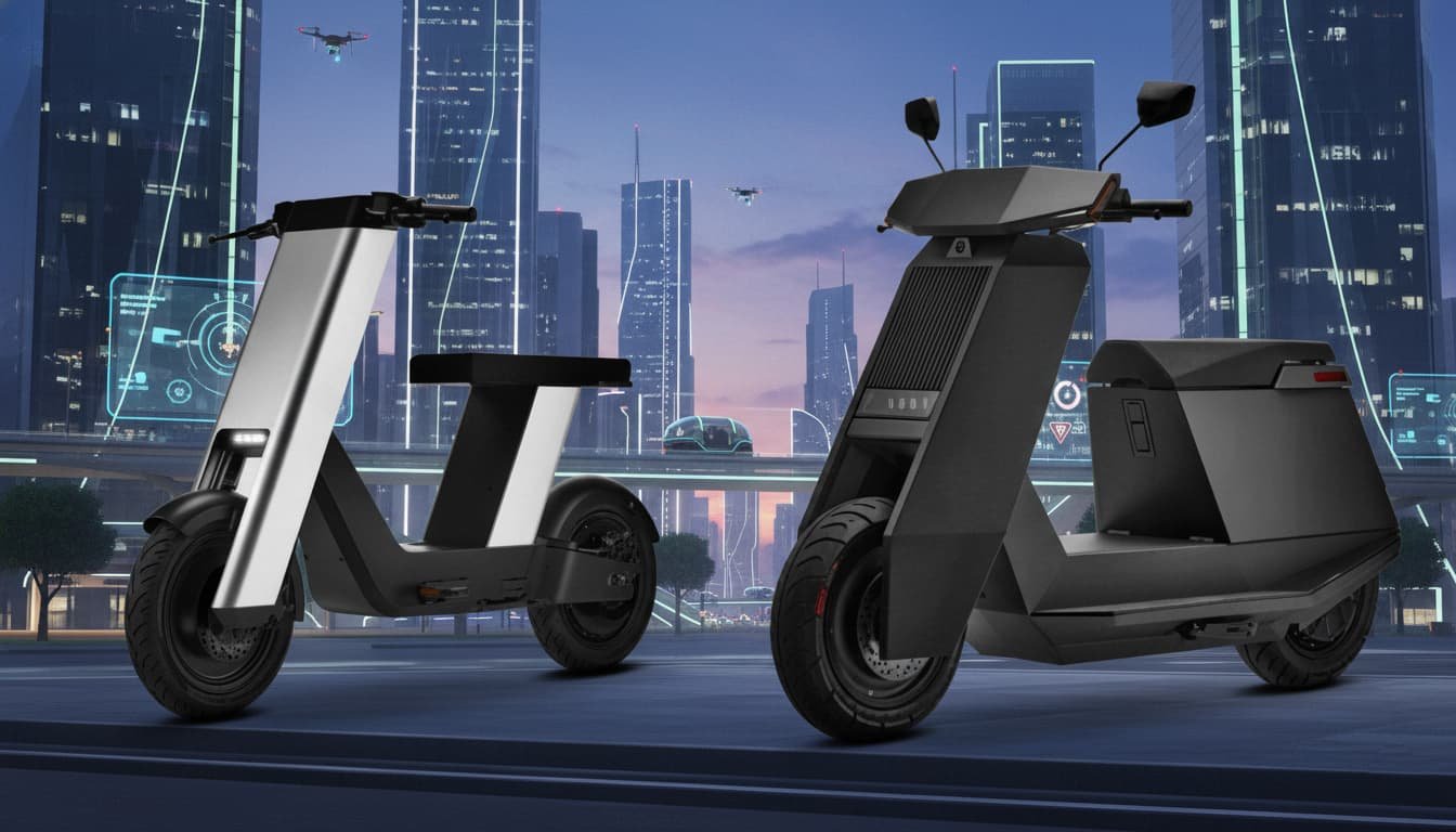 Infinite Machine Olto electric bike riding through New York City bike lanes, futuristic aluminum frame, two-seater design, LED display, turn signals, pedals, urban street background.