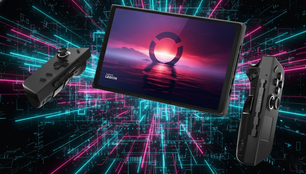 Lenovo Legion Go handheld gaming device on desk with detachable controllers and kickstand extended
