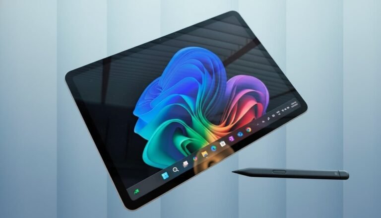 Microsoft Surface Pro 12-inch placed on a clean wooden desk with keyboard attached, pen beside it, soft natural lighting highlighting its compact premium build