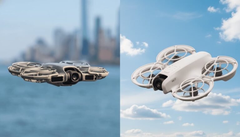 DJI Neo2 compact entry-level drone hovering outdoors with upgraded sensors, new gray body, and redesigned camera module.