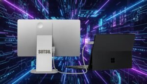 Ultra-thin 16-inch modular portable monitor with magnetic stand, flexible rotation, and USB-C single-cable connectivity.