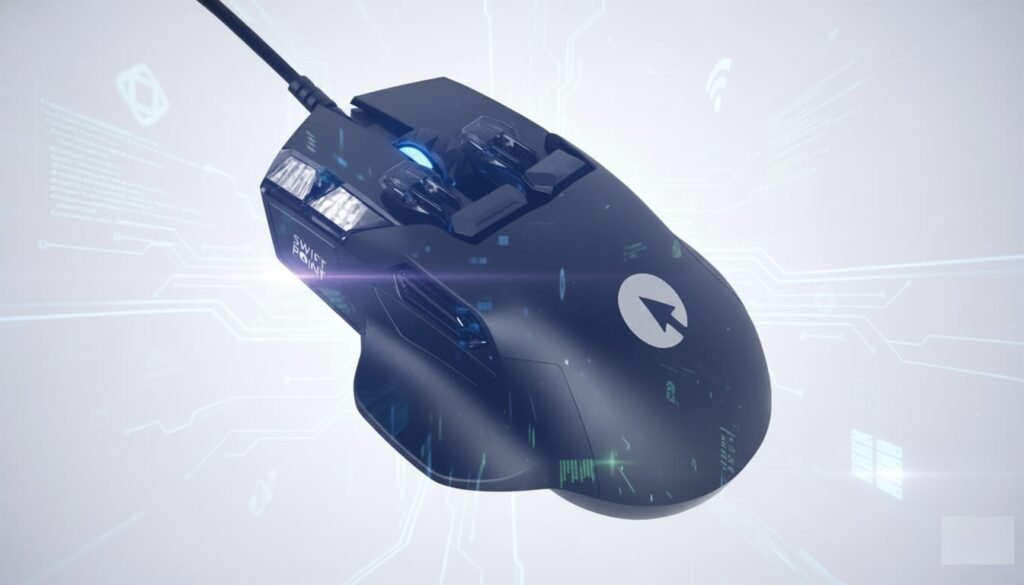 Advanced wired gaming mouse with pressure-sensitive buttons, tilt and gyro input, joystick attachment, OLED display, and deep software customization for gaming and productivity power users.