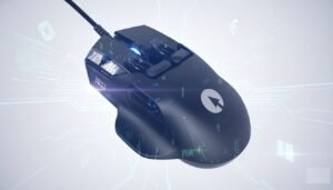 Advanced wired gaming mouse with pressure-sensitive buttons, tilt and gyro input, joystick attachment, OLED display, and deep software customization for gaming and productivity power users.