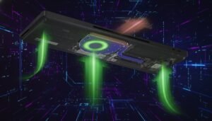 HP Elite Board G1A keyboard PC connected to a portable monitor on a desk at CES 2026, showcasing compact all-in-one computer design with USB-C connectivity and metal chassis.