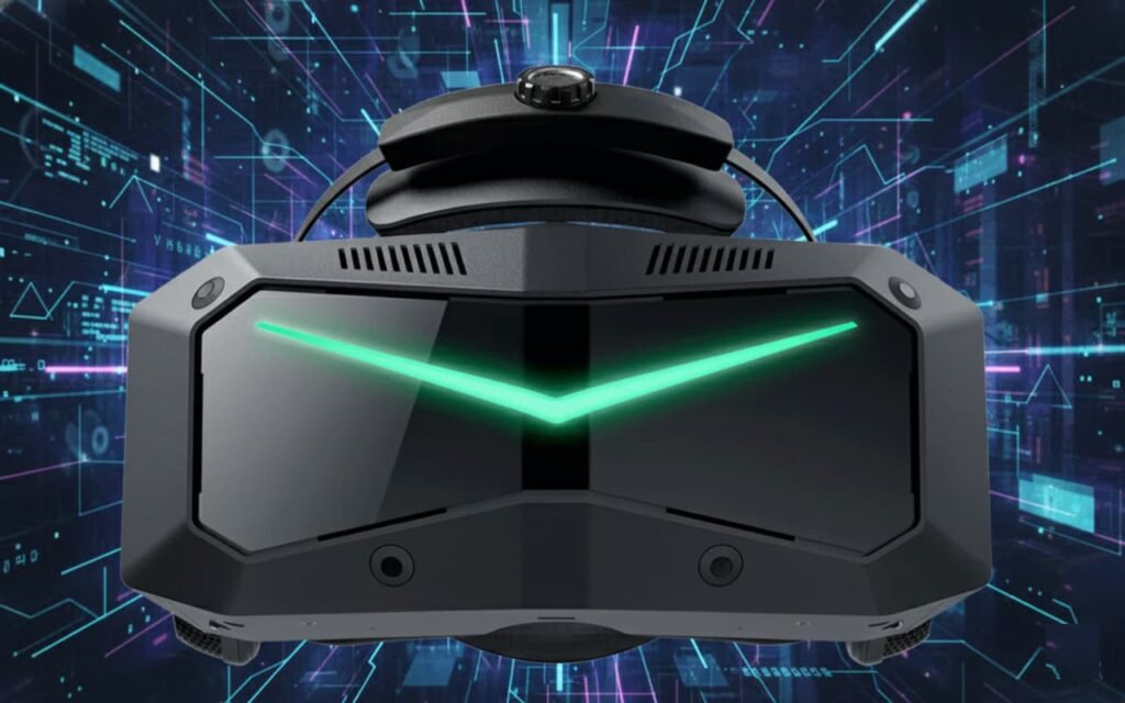 Pimax Crystal Super VR headset with interchangeable optical modules mounted on a racing simulator rig, highlighting OLED lenses and wide field-of-view design in a high-end PC gaming setup.